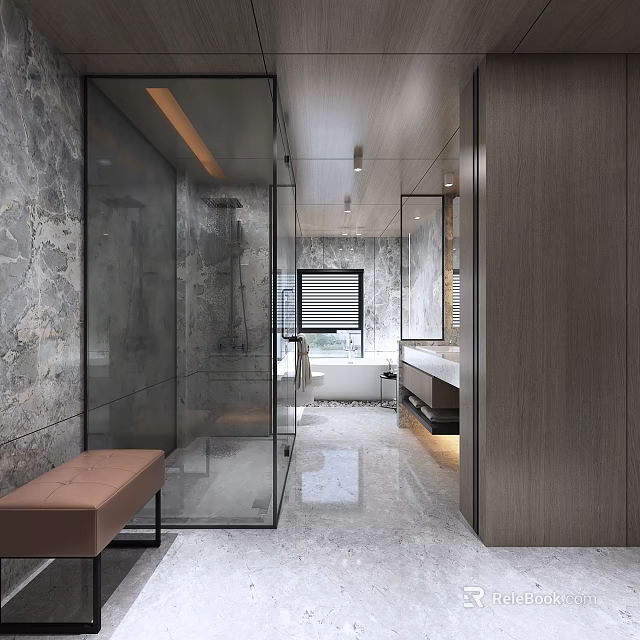 Modern Luxury Bathroom With Bathtub Marble Details And Glass Enclosure 3d model 
