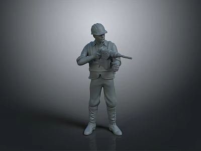 3D Worker Model With Safety Helmet Holding Drill Tool In Standing Pose 3d model