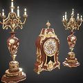 Vintage Candelabra Lamps with Gold Accents and Floral Patterns and Antique Clock in Classic Setting