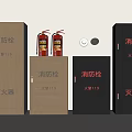 Red Fire Extinguishers And Brown Gray Fire Hydrant Cabinets With Alarm Devices 3d model