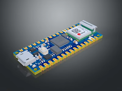 Small Electronic Circuit Board With Integrated Chip QR Code Ports And Blue Yellow Edges 3d model