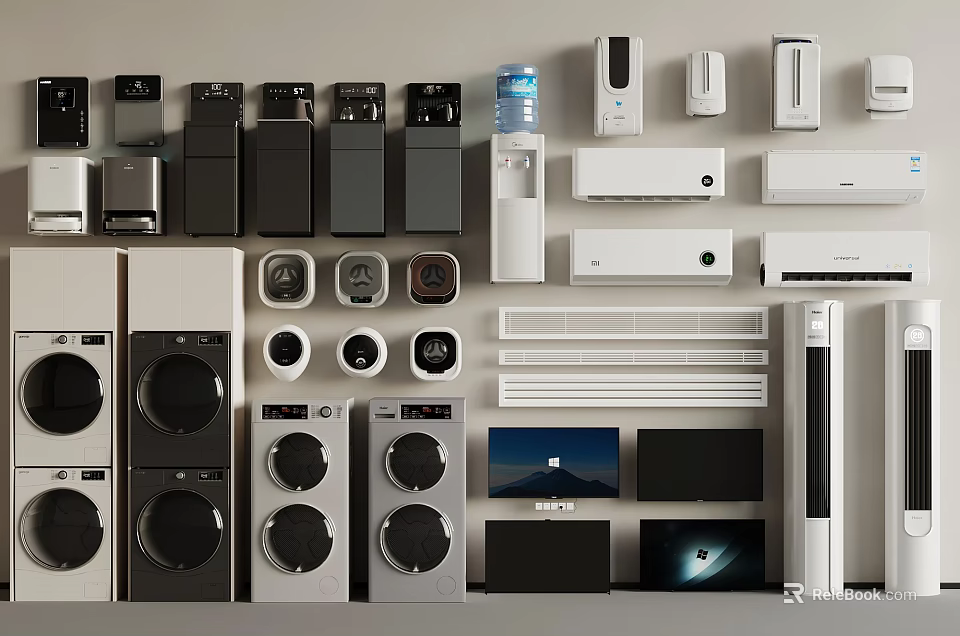 Modern Home Appliance Collection Featuring Washing Machines Refrigerators Air Conditioners Water Dispensers And TVs 3d model 