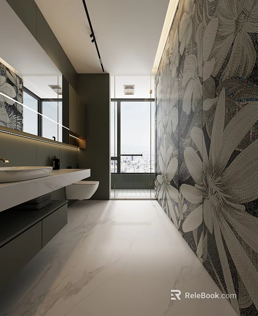 Modern Bathroom Interior Design With Mosaic Floral Wall Large Window And White Vanity 3d model 