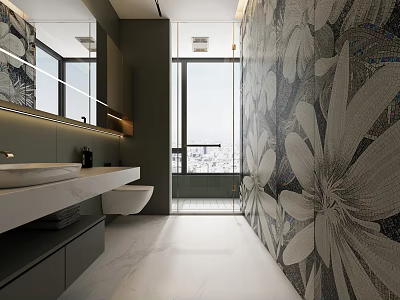 Modern Bathroom Interior Design With Mosaic Floral Wall Large Window And White Vanity 3d model