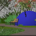 Scenic Park Garden With Tall Arbor Trees Wooden Bench Lamp Post Green Bushes And Pathway