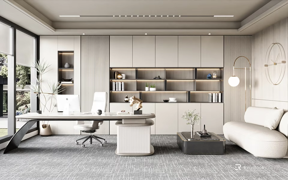 Modern Office Interior Design With Desk Office Chair Bookshelves Cabinets And Plants 3d model 