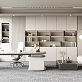Modern Office Interior Design With Desk Office Chair Bookshelves Cabinets And Plants