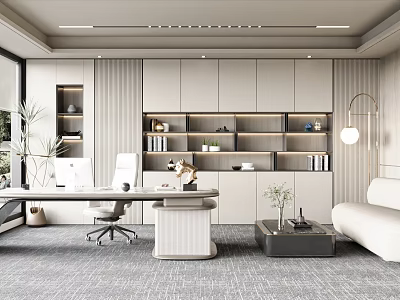 Modern Office Interior Design With Desk Office Chair Bookshelves Cabinets And Plants 3d model