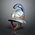 Ancient Warrior Helmet With Silver Body Gold Accents Blue Plume And Red Lining