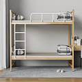 Wooden Bunk Bed With White Railings Study Desk Chair And Rug Near City View Window