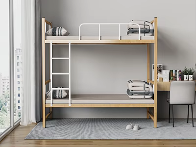 Wooden Bunk Bed With White Railings Study Desk Chair And Rug Near City View Window 3d model