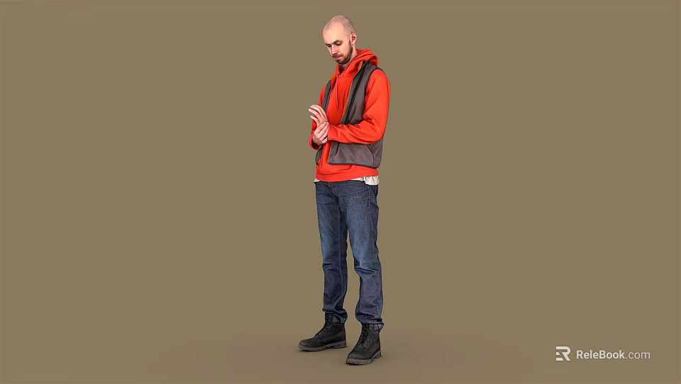 Man Standing in Red Jacket Gray Vest Blue Jeans and Black Shoes on Brown Background 3d model 