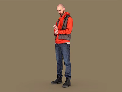 Man Standing in Red Jacket Gray Vest Blue Jeans and Black Shoes on Brown Background 3d model