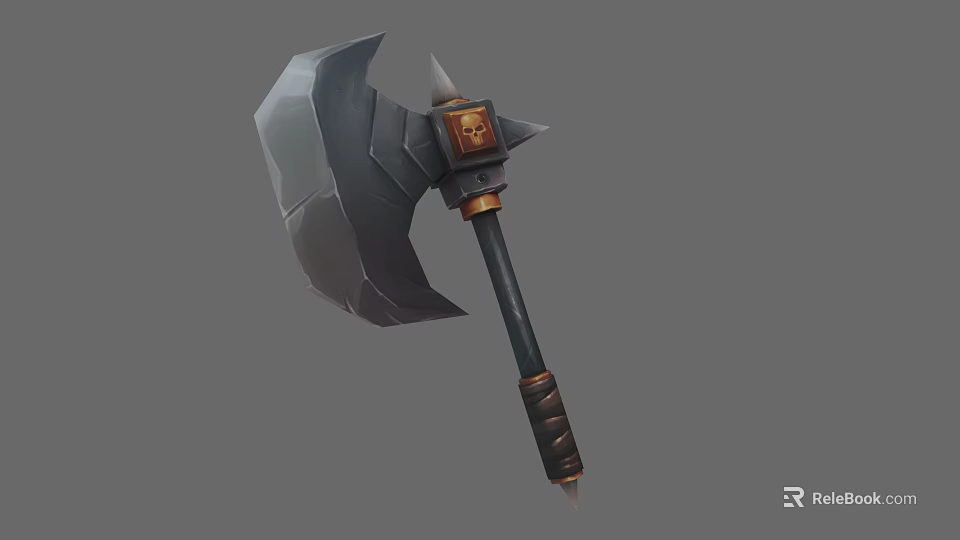 Detailed Medieval Battle Axe Featuring Skull Decoration Metal Blade Black Handle And Gold Accents 3d model 