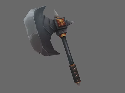 Detailed Medieval Battle Axe Featuring Skull Decoration Metal Blade Black Handle And Gold Accents 3d model