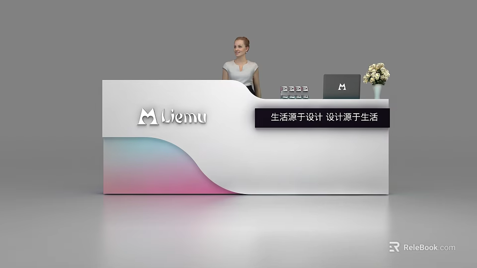 Modern Reception Desk With Curved Color Gradient Surface Logo Flowers And Display Screen 3d model 
