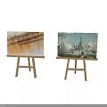 Wooden Easels Displaying Landscape And Seascape Paintings With Bridge Scene And Sailing Ships