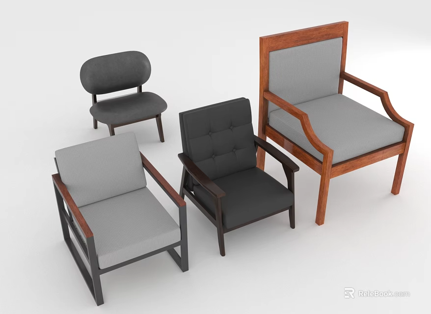Modern Furniture Design Featuring Different Style Chairs With Wooden Armrests And Fabric Seats 3d model 