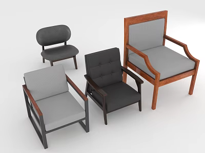 Modern Furniture Design Featuring Different Style Chairs With Wooden Armrests And Fabric Seats 3d model