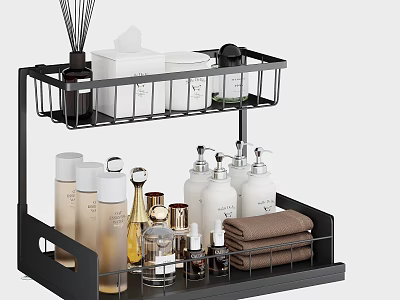Bathroom Wall Cabinet Double Layer Black Metal Storage With Toiletries Towel Essentials 3d model