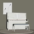 White Piano With Sheet Music And Wall Painting Featuring Black Lines In Room