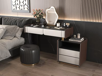Modern Bedroom Interior With Elegant Dressing Table Mirror Stool Flowers And Drawers 3d model