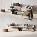 Modern Beige Sofa and Coffee Table Set With Decorative Pillows and Wooden Stools 3d model