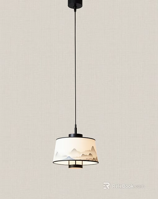 White Chandelier With Black Base And Landscape Pattern On Light Fabric Wall 3d model