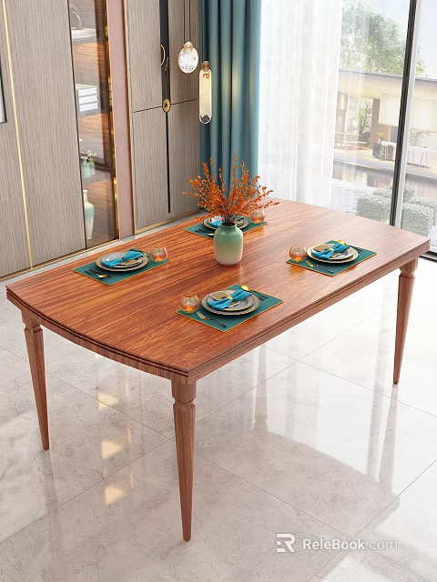 Wooden Dining Table With Blue Placemats Tableware Green Vase And Orange Flowers In Modern Interior 3d model 
