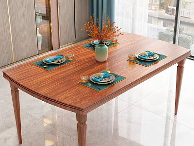 Wooden Dining Table With Blue Placemats Tableware Green Vase And Orange Flowers In Modern Interior 3d model