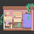 Cartoon Kitchen Scene With Green Vines Window Blinds Sink Cabinets Purple Refrigerator Table And Chair