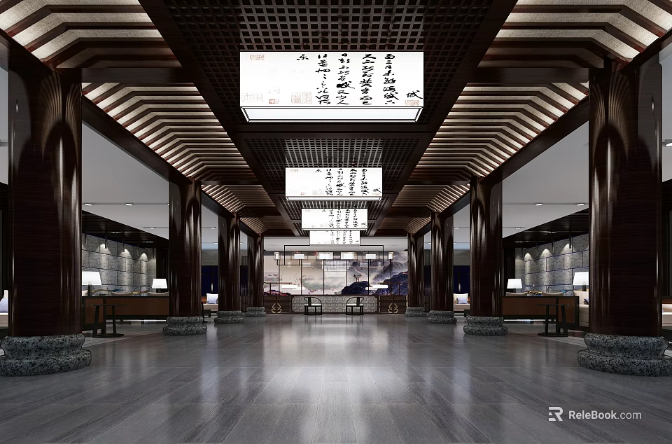 Elegant Chinese Style Hotel Lobby With Wooden Ceiling Calligraphy Decorations Chandeliers And Spacious Interior 3d model 