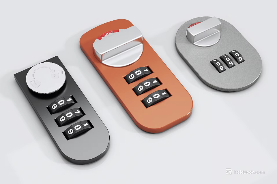Modern Combination Locks in Black Orange Gray with Numeric Dials and Knobs 3d model 