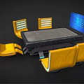 Futuristic Conference Table With Yellow Illuminated Chairs And Blue Screen On Metallic Base
