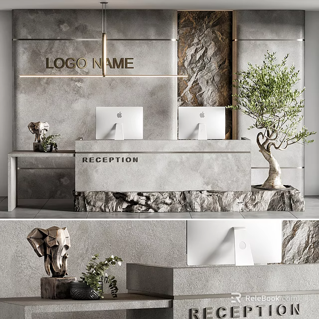 Modern Reception Area with Stone Desk Wall Two Computers Decorative Elephant Sculpture and Green Plant 3d model 
