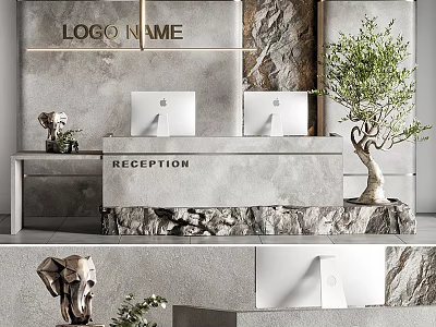 Modern Reception Area with Stone Desk Wall Two Computers Decorative Elephant Sculpture and Green Plant 3d model