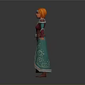 3D Fantasy Character With Red Hair Green Purple Robe Decorative Belt And Intricate Patterns Standing