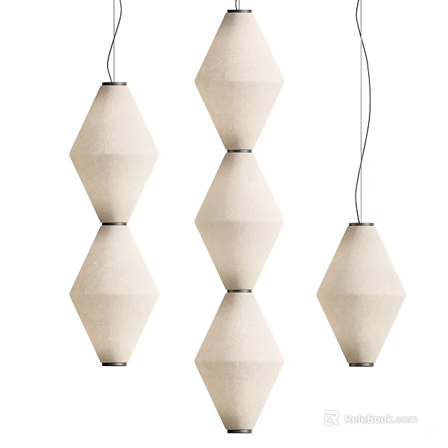 Three Diamond Shaped Cream Colored Fabric Pendant Lights Stacked Two Layers With Black Wires 3d model 