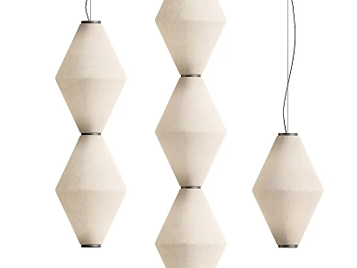 Three Diamond Shaped Cream Colored Fabric Pendant Lights Stacked Two Layers With Black Wires 3d model
