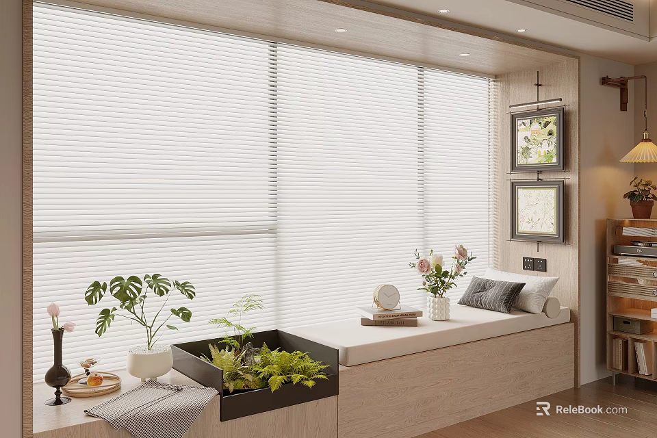 Cozy Bay Window Seat Interior With White Blinds Green Plants And Decorative Pillows 3d model 