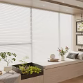 Cozy Bay Window Seat Interior With White Blinds Green Plants And Decorative Pillows