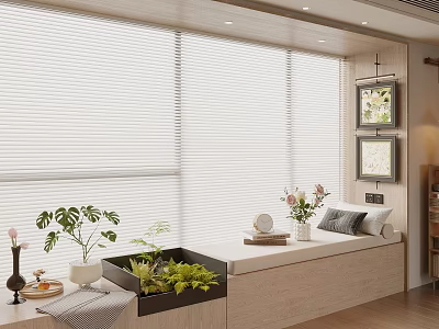 Cozy Bay Window Seat Interior With White Blinds Green Plants And Decorative Pillows 3d model
