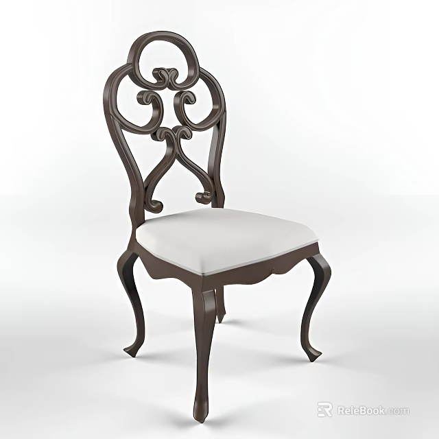 Classical Single Chair With Intricate Carved Backrest Dark Brown Wooden Frame And White Padded Seat 3d model 