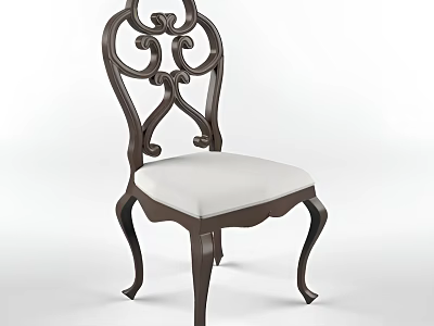 Classical Single Chair With Intricate Carved Backrest Dark Brown Wooden Frame And White Padded Seat 3d model