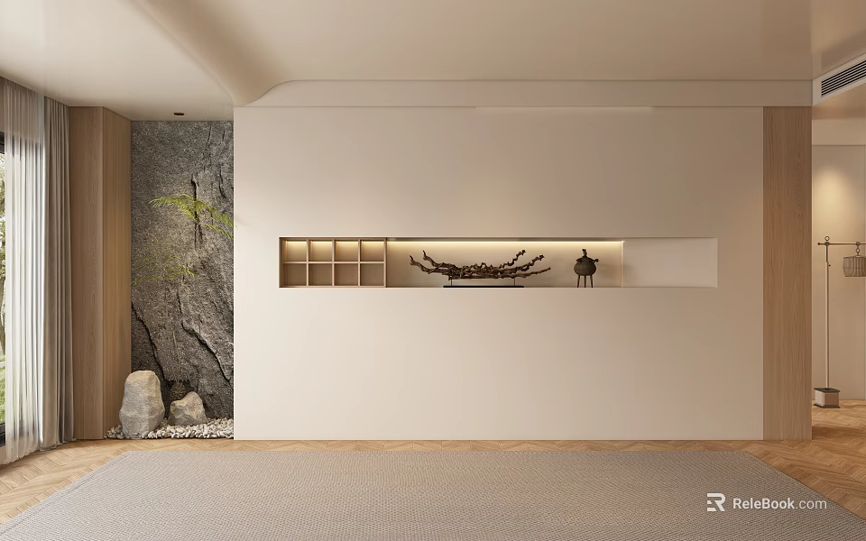 Modern Sofa Background Wall With White Surface Wooden Shelving And Decorative Accents 3d model 