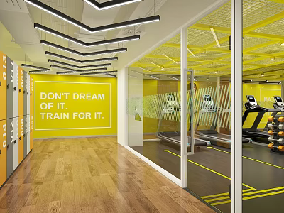 Vibrant Yellow Fitness Gym Interior With Mirrors Treadmills Dumbbells Glass Partitions And Wooden Floors 3d model