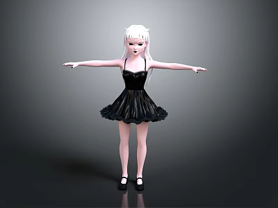 3D Anime Character With White Hair Black Dress Arms Outstretched And Gray Background 3d model