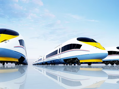 Modern High Speed Trains With Streamlined Design Yellow And White Exterior And Reflective Surface 3d model