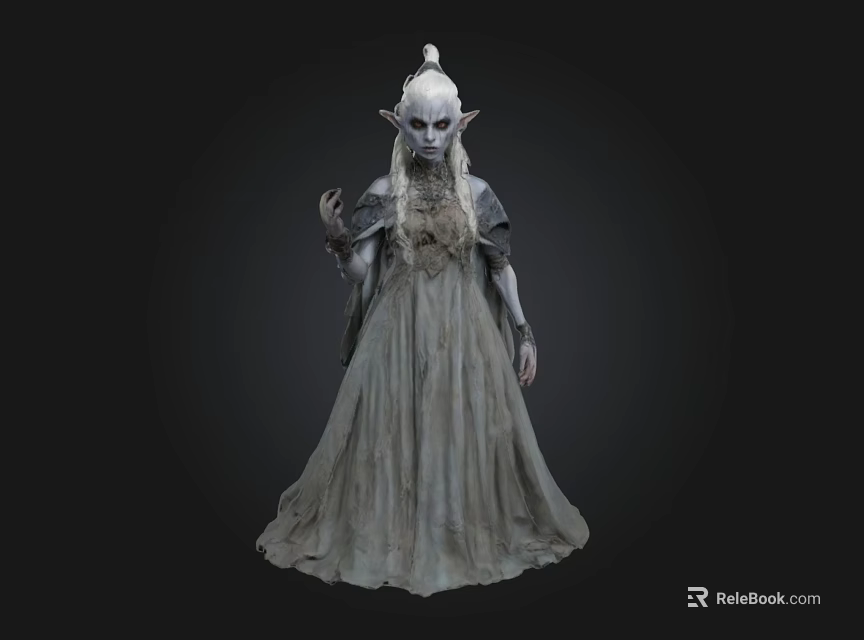 Mystical Elf Character With Long Hair And Flowing Gray Dress In Dark Background 3d model 