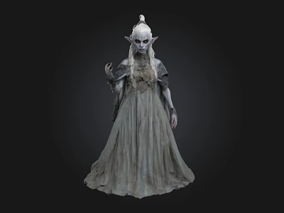 Mystical Elf Character With Long Hair And Flowing Gray Dress In Dark Background 3d model